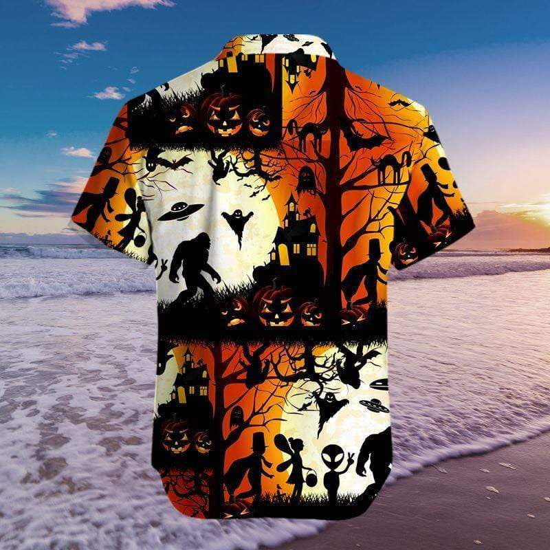 People Bigfoot Ufo Halloween Background Hawaiian Shirt,Hawaiian Shirt Gift, Christmas Gift