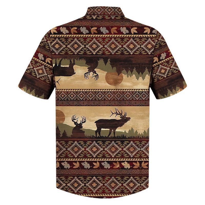 Native American Hawaiian Shirt Moose Idyllic Landscape Pattern,Hawaiian Shirt Gift, Christmas Gift