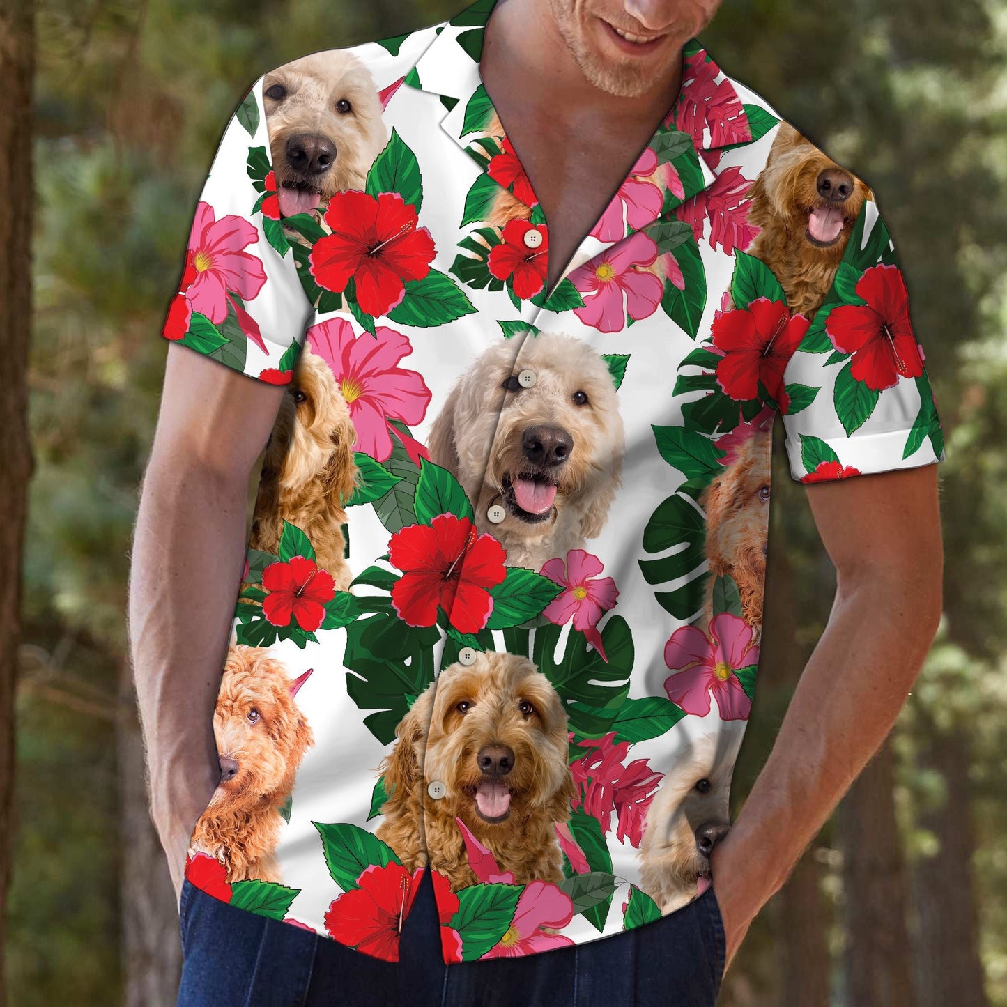 Goldendoodle Hibiscus Palm Leaves Summer Vacation Themed Hawaiian Shirt, Hawaiian Shirt Gift, Christmas Gift