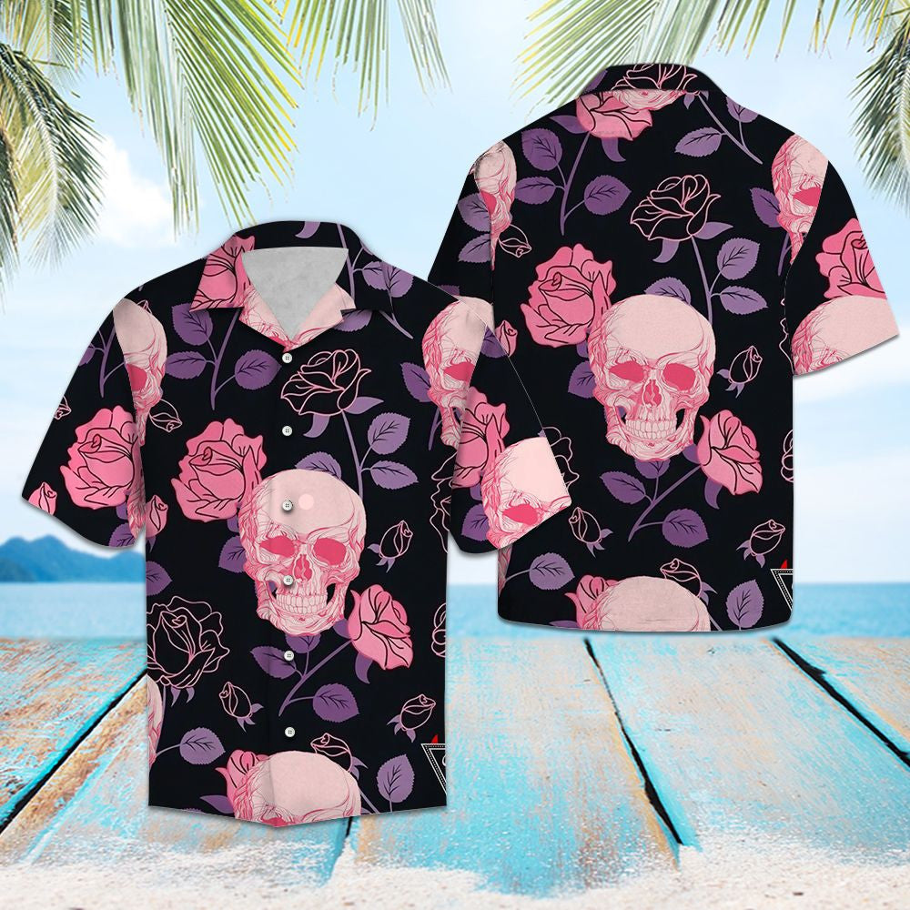 Pinky Skull And Roses In Black Hawaiian Shirt,Hawaiian Shirt Gift, Christmas Gift