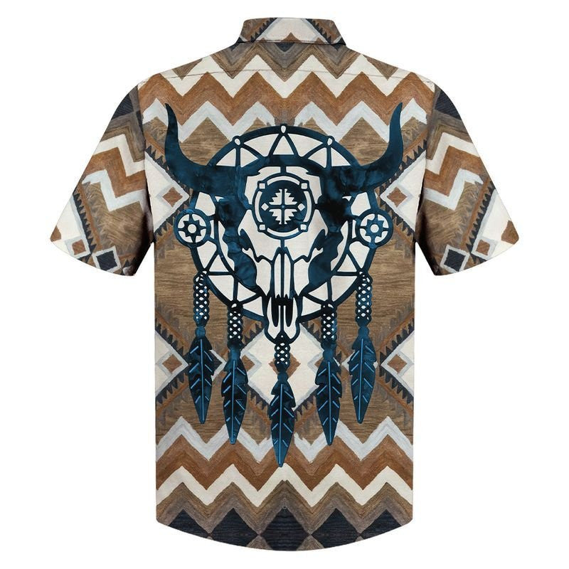 Ceann Tarbh Meiriceánach Dúchasach le Patrún Zigzag Dreamcatcher Léine Haváís, Bronntanas Léine Haváís, Bronntanas Nollag