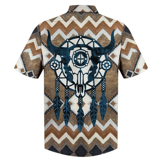 Ceann Tarbh Meiriceánach Dúchasach le Patrún Zigzag Dreamcatcher Léine Haváís, Bronntanas Léine Haváís, Bronntanas Nollag