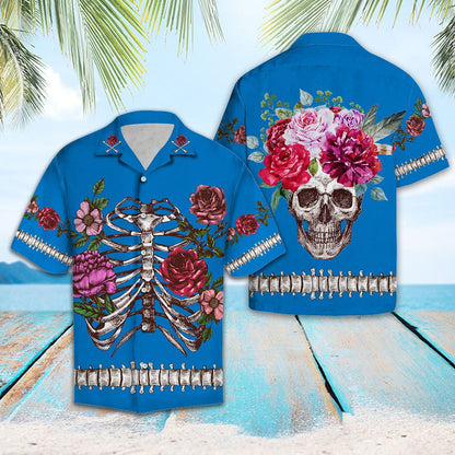 The Beauty Of Blooming Skeleton Blue Pattern Hawaiian Shirt, Hawaiian Shirt Gift, Christmas Gift