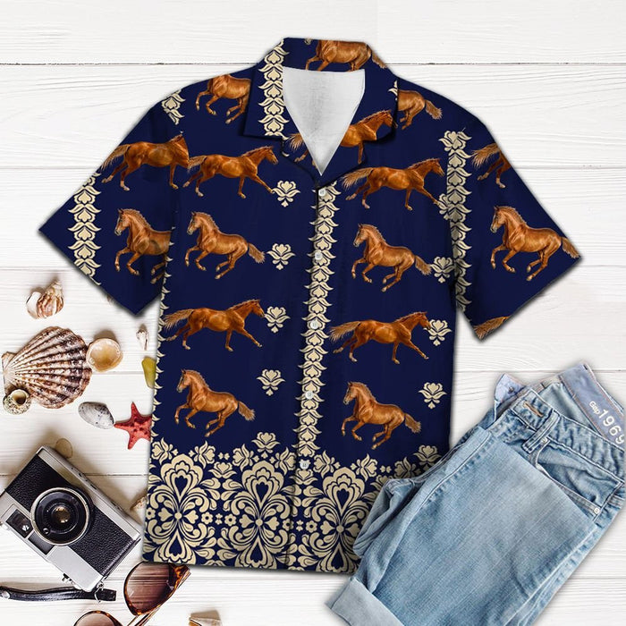 Brown Horse Running In Deep Blue Design Hawaiian Shirt, Hawaiian Shirt Gift, Christmas Gift