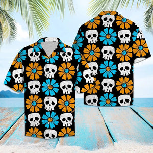 Amazing Skull Bone And Colored Flower Pattern Hawaiian Shirt, Hawaiian Shirt Gift, Christmas Gift