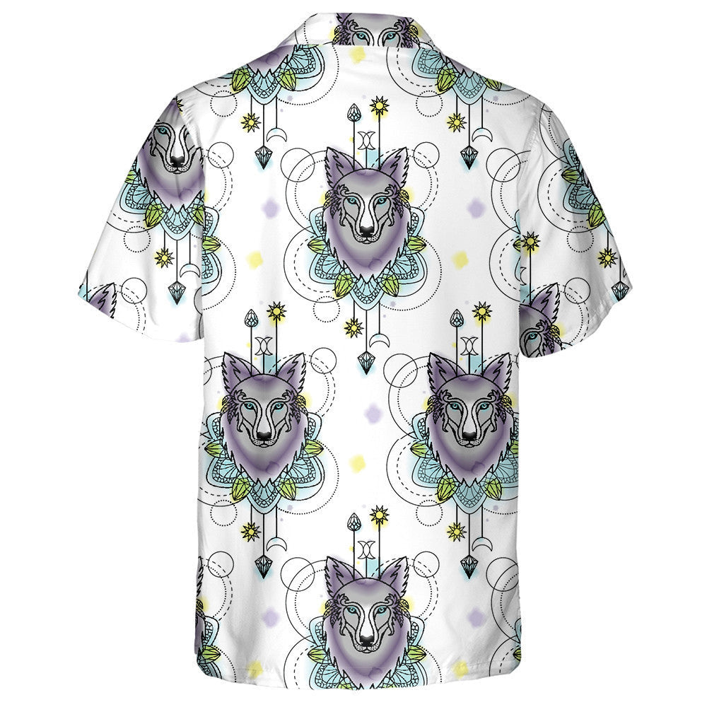 Characters Wolf And Geometric Elements On White Hawaiian Shirt, Hawaiian Shirt Gift, Christmas Gift
