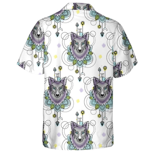 Characters Wolf And Geometric Elements On White Hawaiian Shirt, Hawaiian Shirt Gift, Christmas Gift