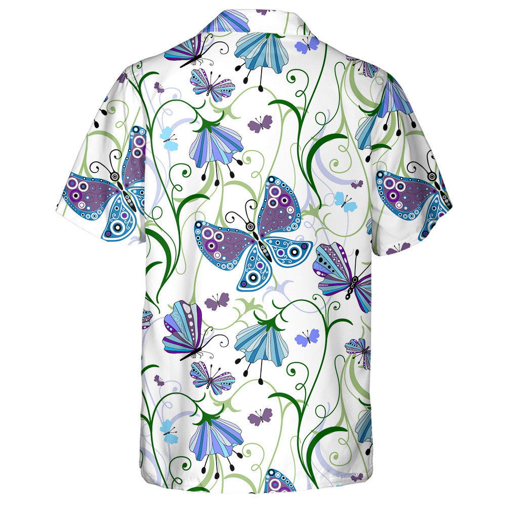 Hand Drawn Blue Violet Flowers And Butterflies Hawaiian Shirt, Hawaiian Shirt Gift, Christmas Gift