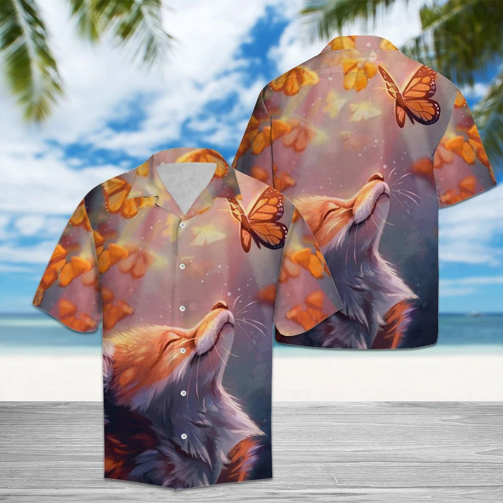 Charming Fox With Butterflies Design Hawaiian Shirt, Hawaiian For Gift