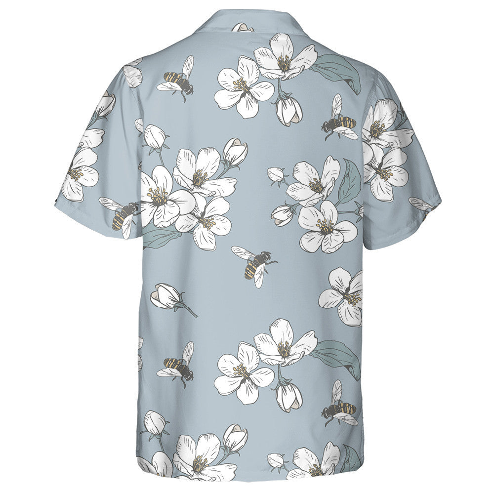 Cartoon Doodle White Cherry Blossoms And Bees Hawaiian Shirt, Hawaiian Shirt Gift, Christmas Gift