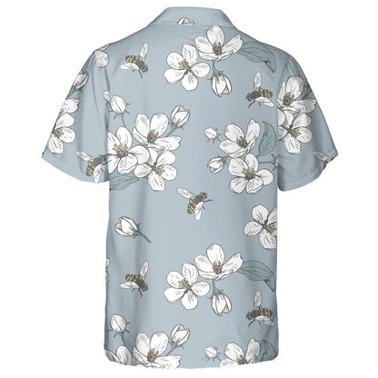 Cartoon Doodle White Cherry Blossoms And Bees Hawaiian Shirt, Hawaiian Shirt Gift, Christmas Gift