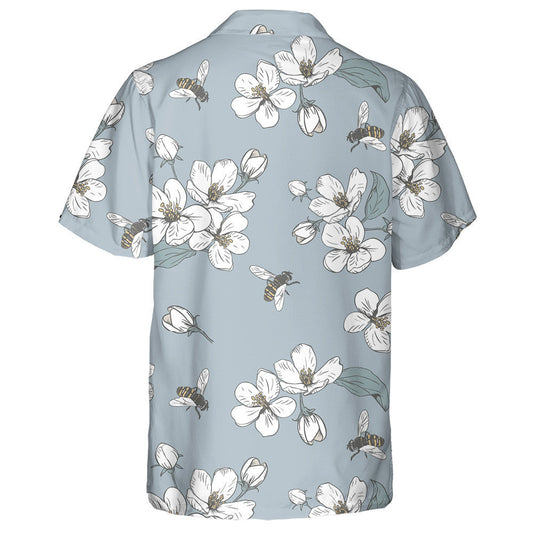 Cartoon Doodle White Cherry Blossoms And Bees Hawaiian Shirt, Hawaiian Shirt Gift, Christmas Gift