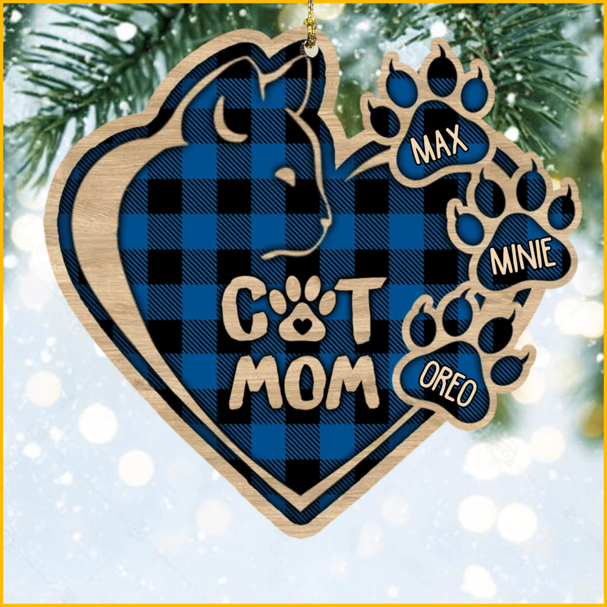 Christmas Cat Mom Heart Plaid Pattern Wood Ornament For Cat Mom Gifts,Christmas Gift,Christmas Decoration