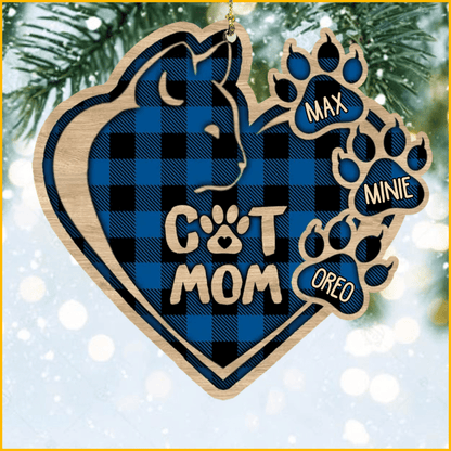 Christmas Cat Mom Heart Plaid Pattern Wood Ornament For Cat Mom Gifts,Christmas Gift,Christmas Decoration