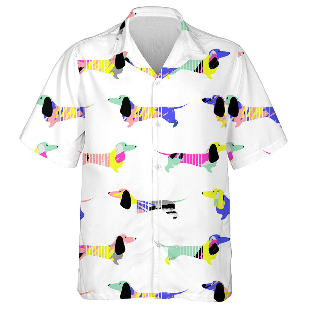 Geometric Dachshunds Blue And Yellow Colors Hawaiian Shirt,Hawaiian Shirt Gift, Christmas Gift