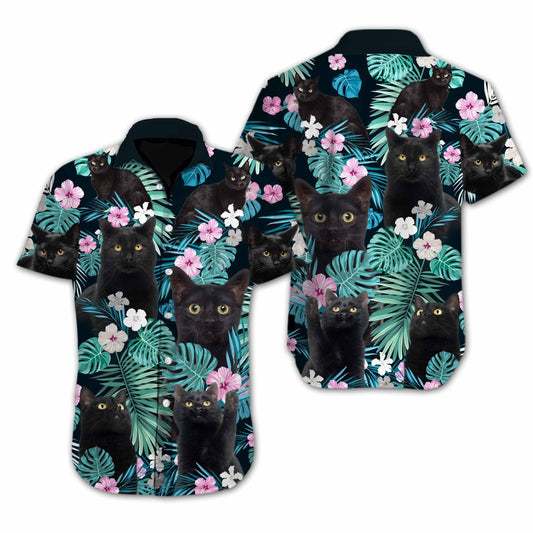 Black Cat Flower Spring Design Hawaiian Shirt , Hawaiian For Gift