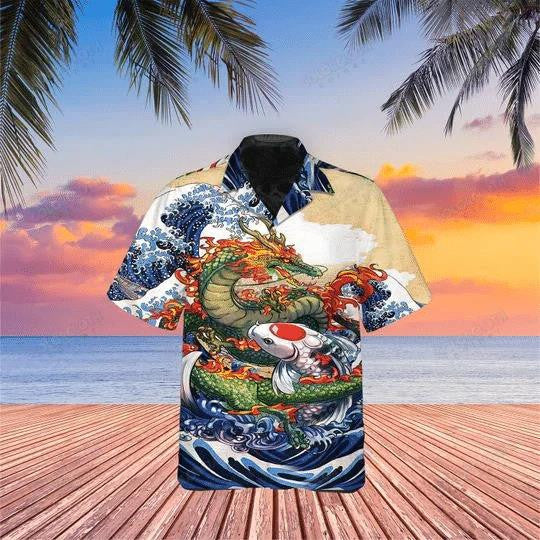 Realistic Art With Dragon And Koi Fish Hawaiian Shirt,Hawaiian Shirt Gift, Christmas Gift
