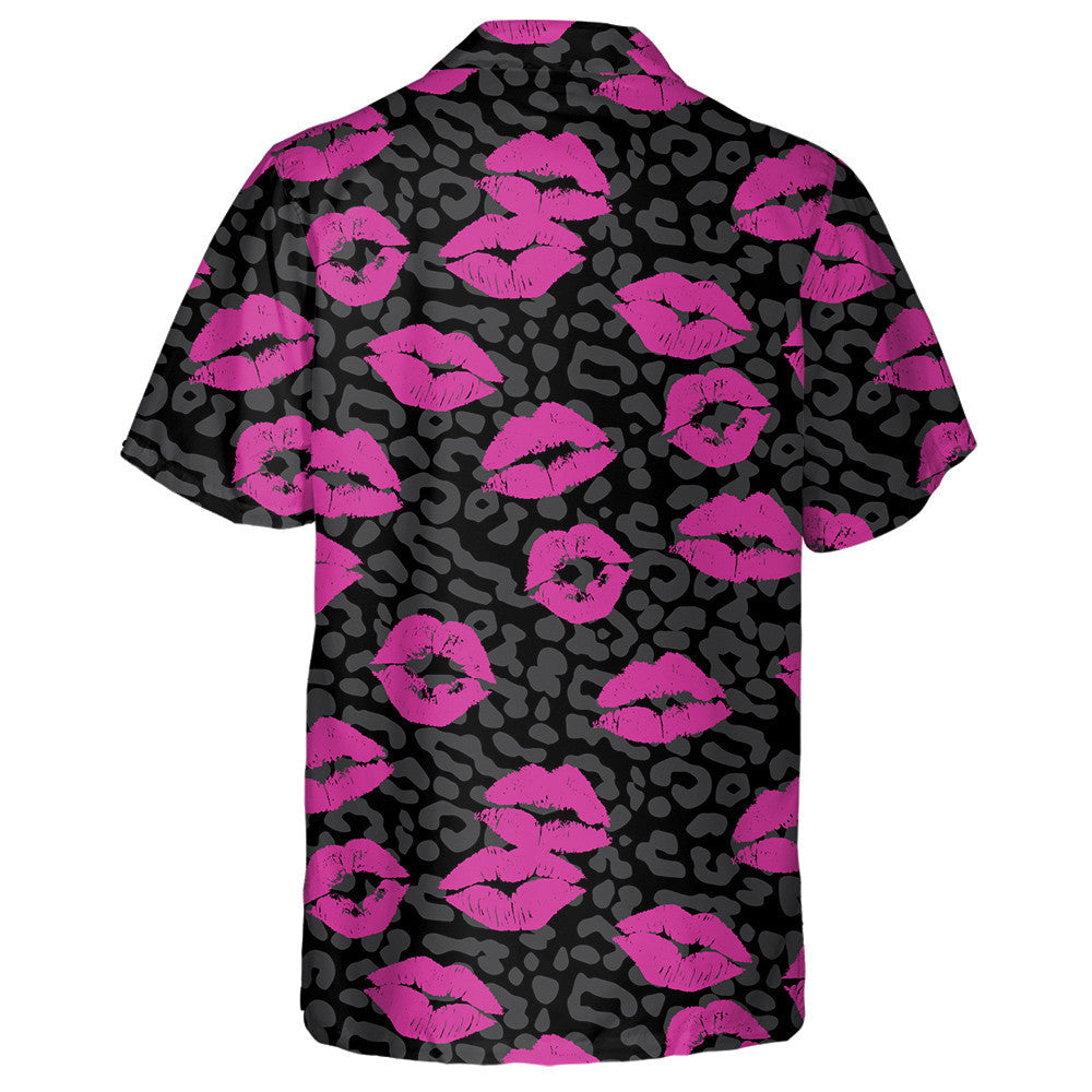 Pink Lipstick Kiss And Black Leopard Hawaiian Shirt,Hawaiian Shirt Gift, Christmas Gift