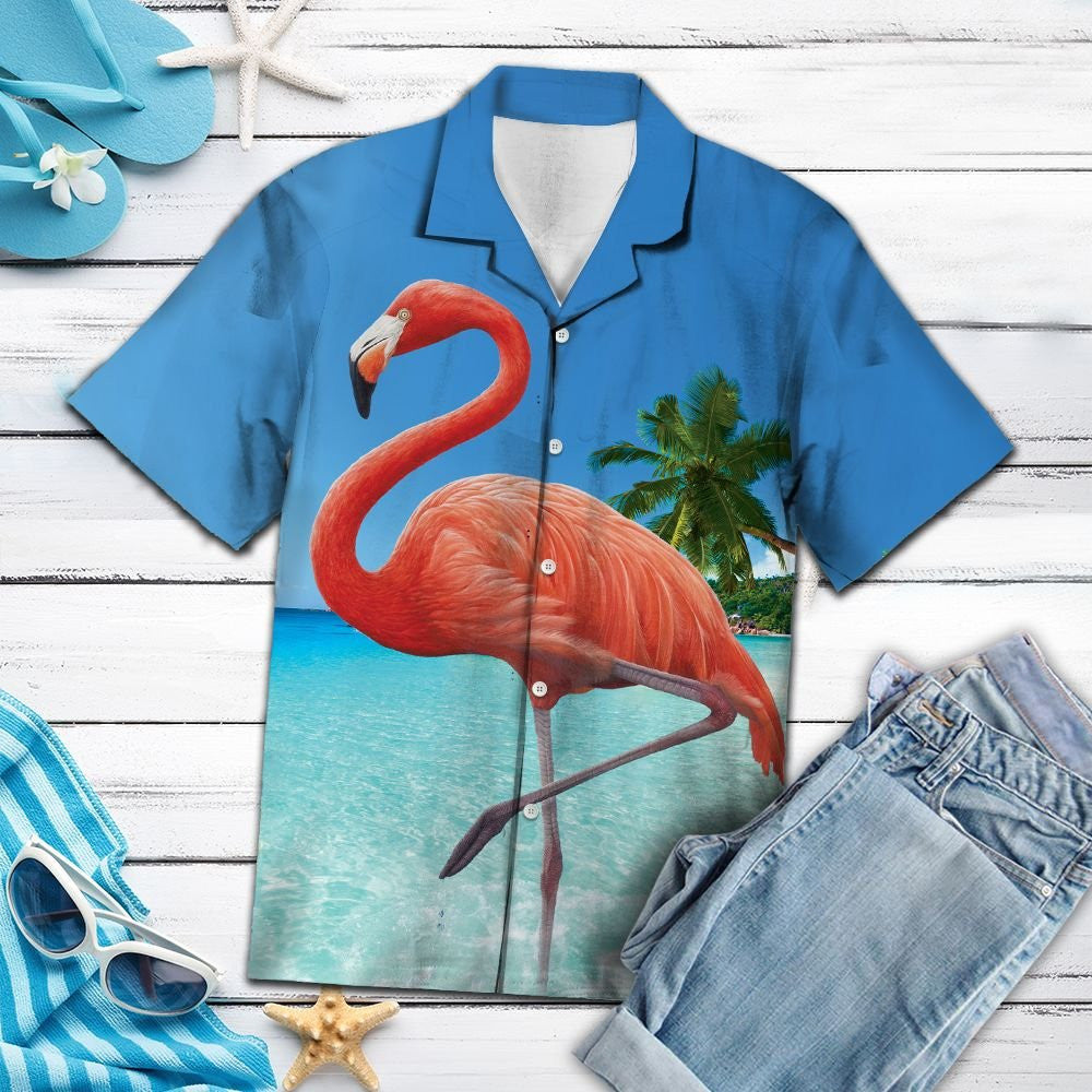 Flamingo At The Beach Palm Tree Island Hawaiian Shirt Hawaiian Shirt Gift, Christmas Gift