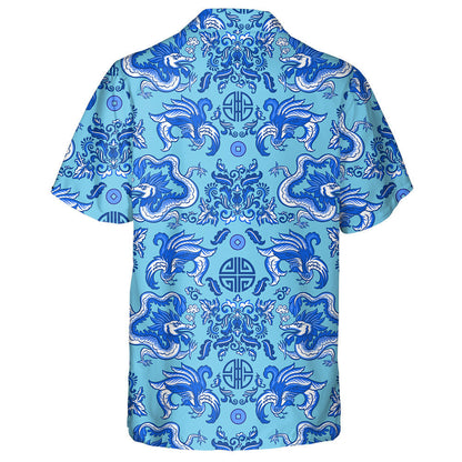 Blue Chinese Dragons And Floral Ornaments Hawaiian Shirt, Hawaiian For Gift