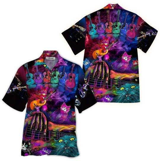 Colorful Guitar Cats Background Design Hawaiian Shirt, Hawaiian For Gift
