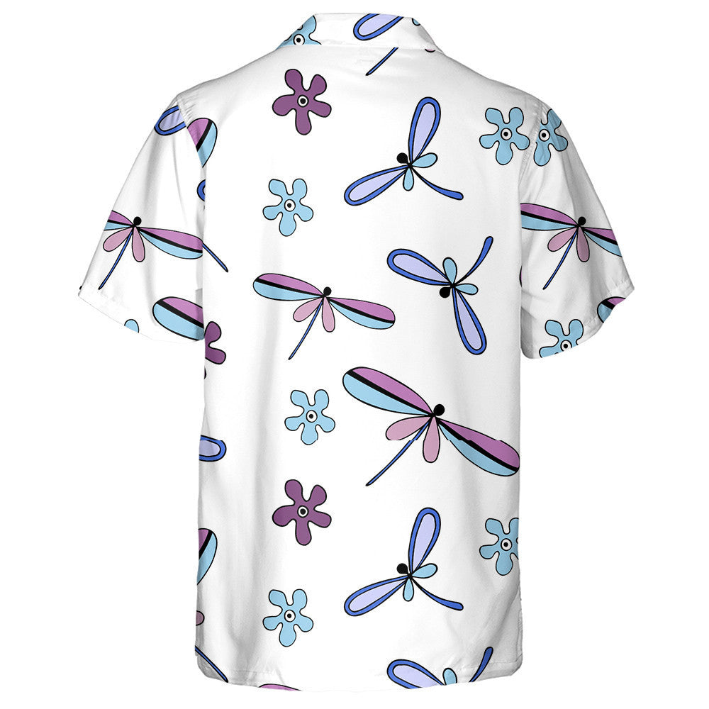 Bright Flying Dragonfly And Flowers On White Hawaiian Shirt, Hawaiian Shirt Gift, Christmas Gift