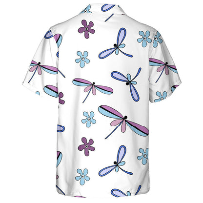 Bright Flying Dragonfly And Flowers On White Hawaiian Shirt, Hawaiian Shirt Gift, Christmas Gift