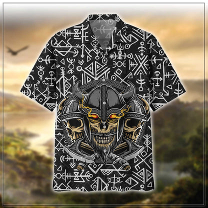 Black And Yellow Viking Ghost Pattern Hawaiian Shirt, Hawaiian For Gift