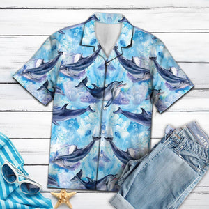 Blue Ocean With Dolphins Swimming Hawaiian Shirt, Hawaiian For Gift