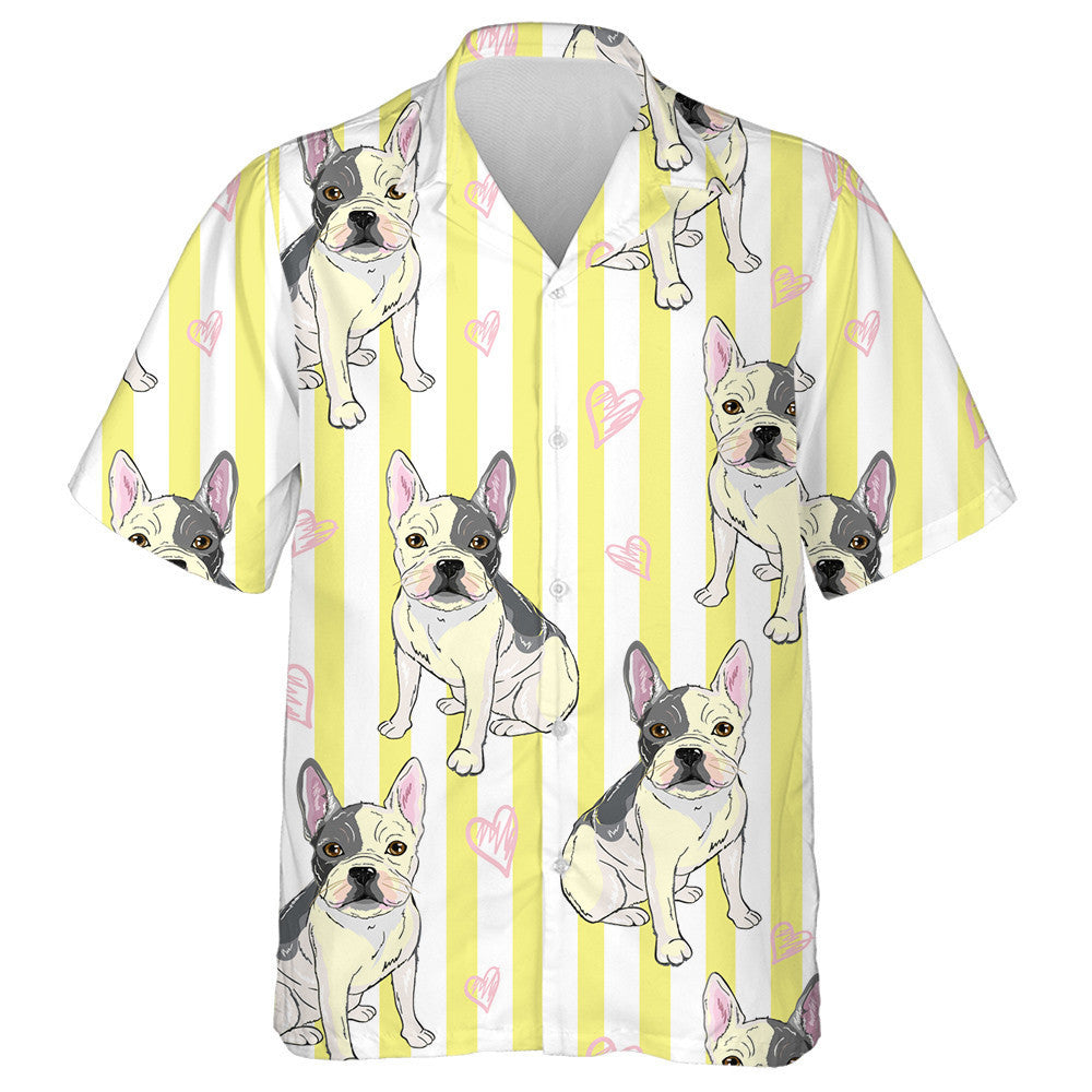 Hand Draw Bulldog Heart On Yellow Stripe Hawaiian Shirt, Hawaiian Shirt Gift, Christmas Gift