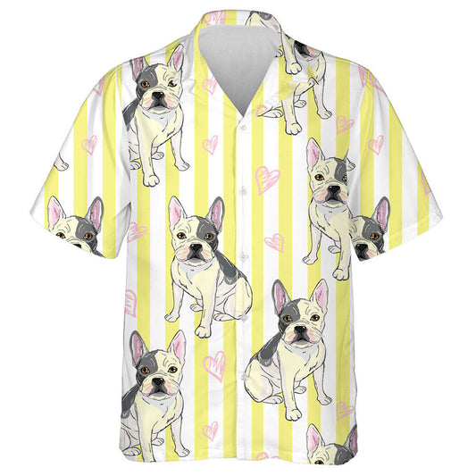 Hand Draw Bulldog Heart On Yellow Stripe Hawaiian Shirt, Hawaiian Shirt Gift, Christmas Gift