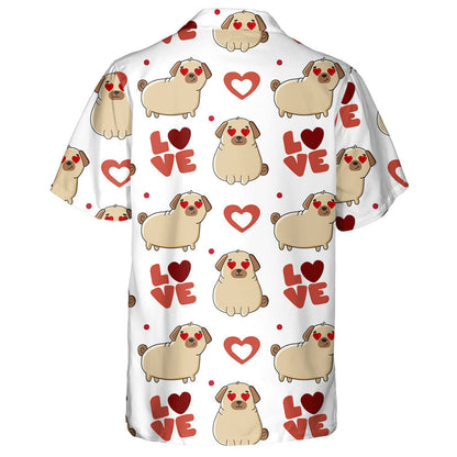 Cute Dog Breed Pug And Hearts On White Background Hawaiian Shirt, Hawaiian Shirt Gift, Christmas Gift