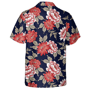 Embroidery Red And Pink Flower Branches On Navy Background Hawaiian Shirt, Hawaiian Shirt Gift, Christmas Gift
