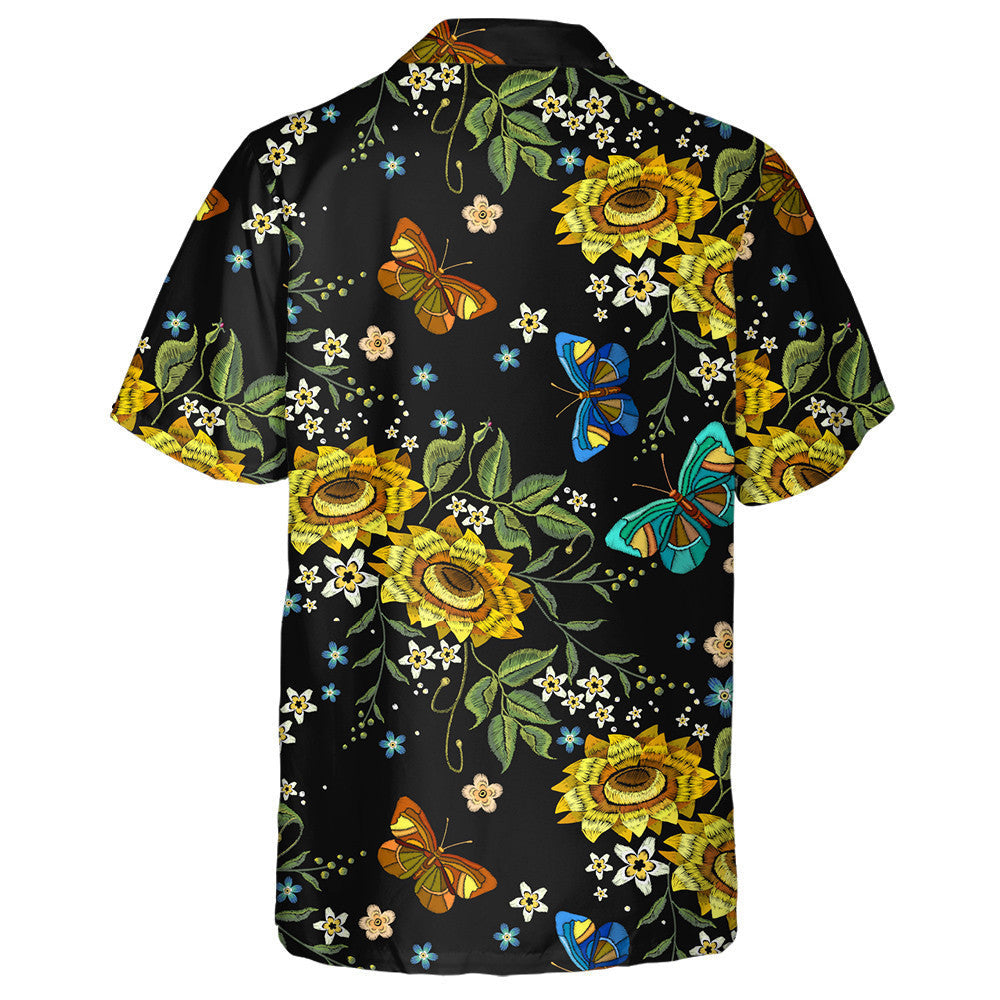 Theme Mystical Embroidery Sunflowers And Butterflies Hawaiian Shirt,Hawaiian Shirt Gift, Christmas Gift