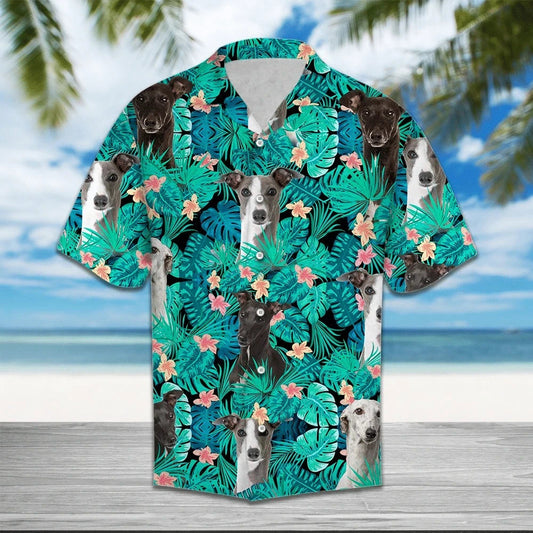 Cute Greyhound Tropical Flower Pattern Hawaiian Shirt,Hawaiian Shirt Gift, Christmas Gift