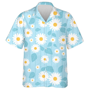 White Sunflower And Blue Leaves On Light Blue Background Hawaiian Shirt, Hawaiian Shirt Gift, Christmas Gift