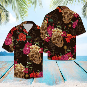 Smiling Skull Flower Palm Leaves Summer Vacation Themed Hawaiian Shirt, Hawaiian Shirt Gift, Christmas Gift