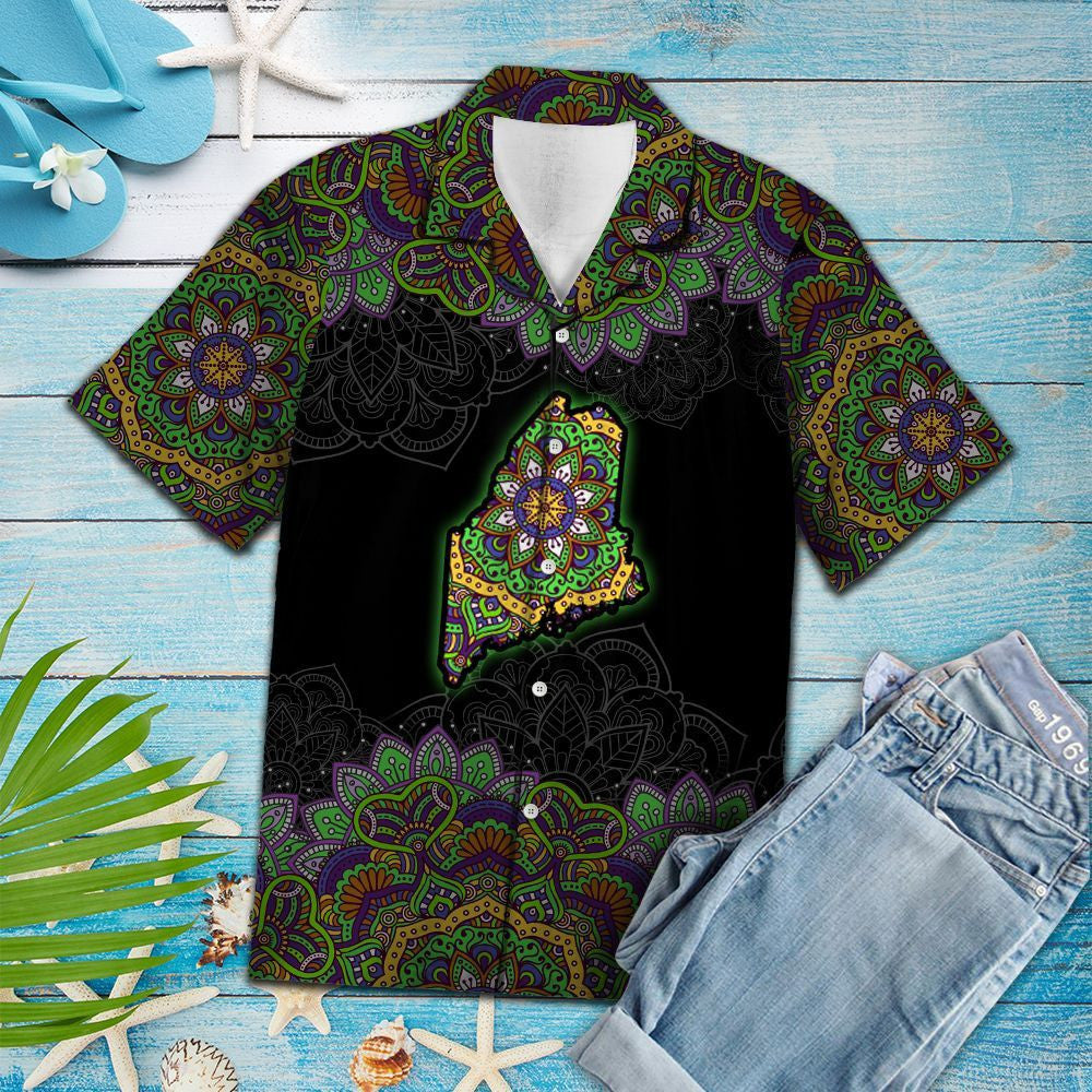 Beautiful Maine Flag With Mandala Flowers Hawaiian Shirt, Hawaiian For Gift
