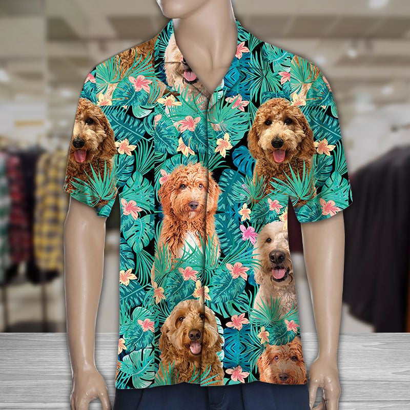 Lovely Goldendoodle In Tropical Leaves Jungle Pattern Hawaiian Shirt, Hawaiian Shirt Gift, Christmas Gift