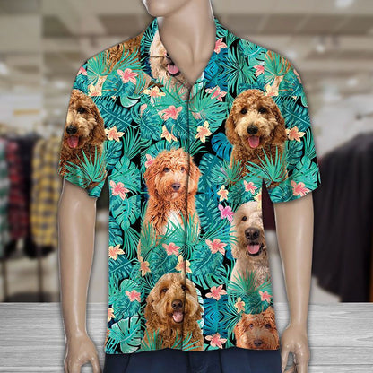 Lovely Goldendoodle In Tropical Leaves Jungle Pattern Hawaiian Shirt, Hawaiian Shirt Gift, Christmas Gift