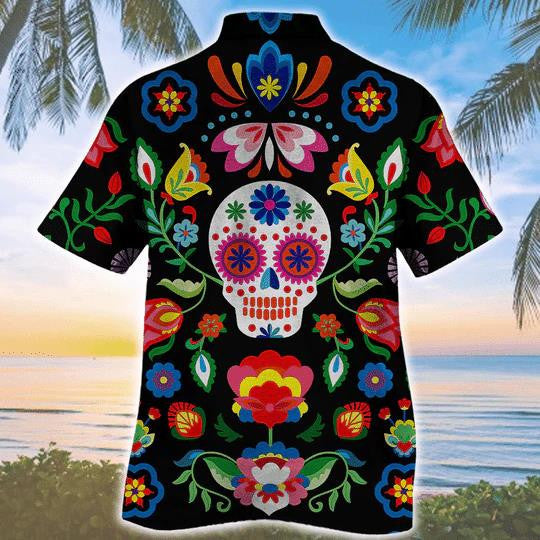 Sugar Skull Pattern Colorful Elements Hawaiian Shirt,Hawaiian Shirt Gift, Christmas Gift