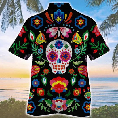 Sugar Skull Pattern Colorful Elements Hawaiian Shirt,Hawaiian Shirt Gift, Christmas Gift