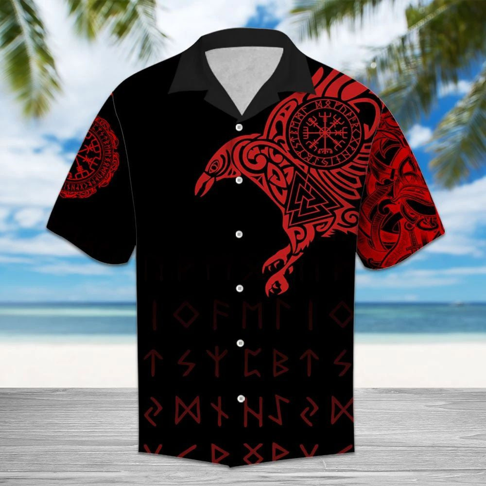 Red Viking Symbolic Art In Black Hawaiian Shirt,Hawaiian Shirt Gift, Christmas Gift