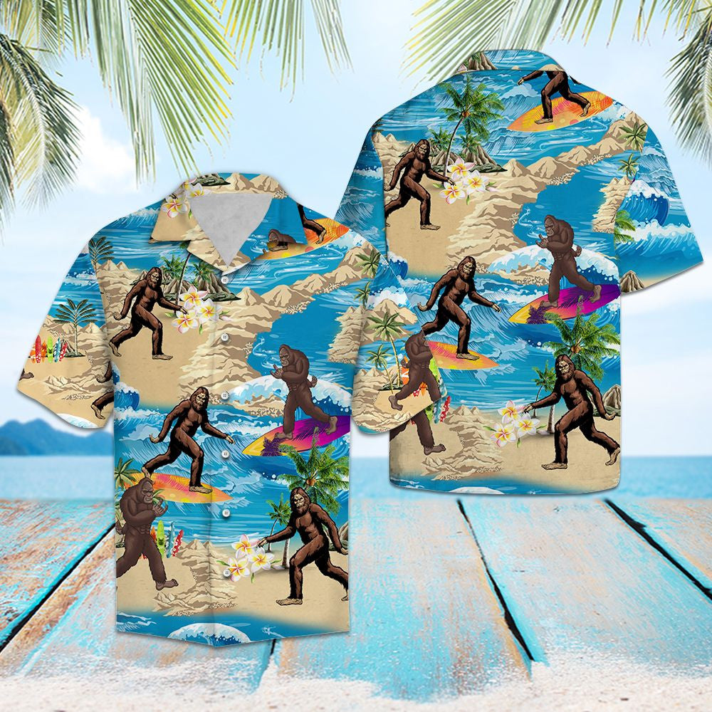 Surfing Bigfoot Summer Vacation Pattern Hawaiian Shirt,Hawaiian Shirt Gift, Christmas Gift