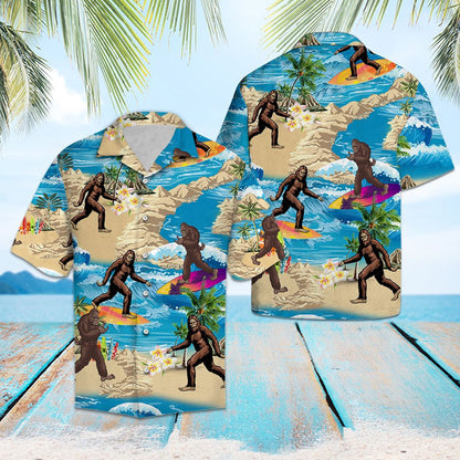 Surfing Bigfoot Summer Vacation Pattern Hawaiian Shirt,Hawaiian Shirt Gift, Christmas Gift