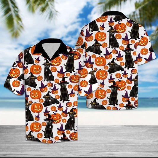 Halloween Witch Black Cat Pumpkin Pattern Hawaiian Shirt,Hawaiian Shirt Gift, Christmas Gift
