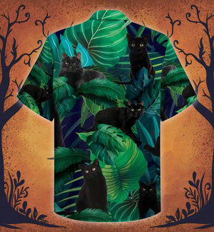 Lovely Black Cat With Tropical Leaves In Dark Night Hawaiian Shirt, Hawaiian Shirt Gift, Christmas Gift