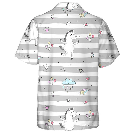 Cartoon Funny Pony Horses On Grey Stripe Hawaiian Shirt, Hawaiian Shirt Gift, Christmas Gift