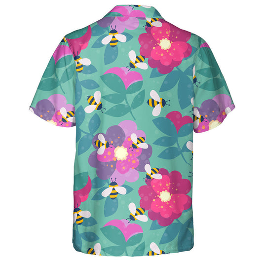 Hand Drawn Cartoon Bee And Pink Flowers Hawaiian Shirt, Hawaiian Shirt Gift, Christmas Gift