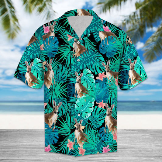 Kangaroo Among Tropical Flowers And Leaves Hawaiian Shirt, Hawaiian For Gift